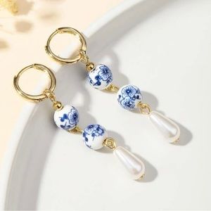New! ✨ Elegant Blue & White Chinoiserie Beaded Faux Pearl Drop Boutique Earrings
